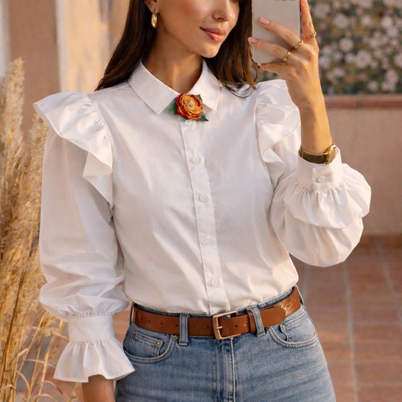 Shein White Ruffle Cottagecore Coquette Girl Blouse, Size L - Picture 12 of 12